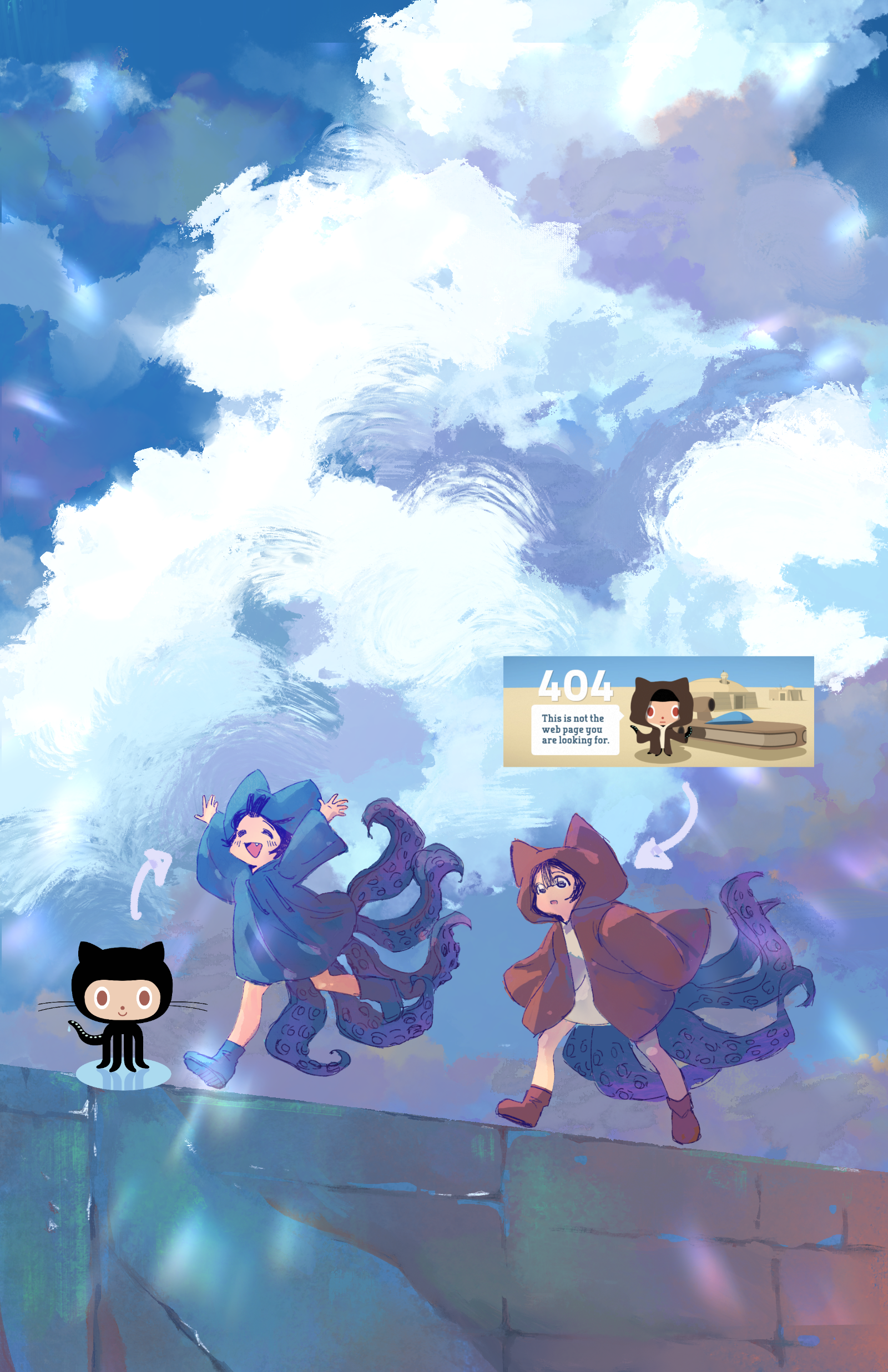 Two GitHub cat girls walking along a wall under a painted cloudy sky