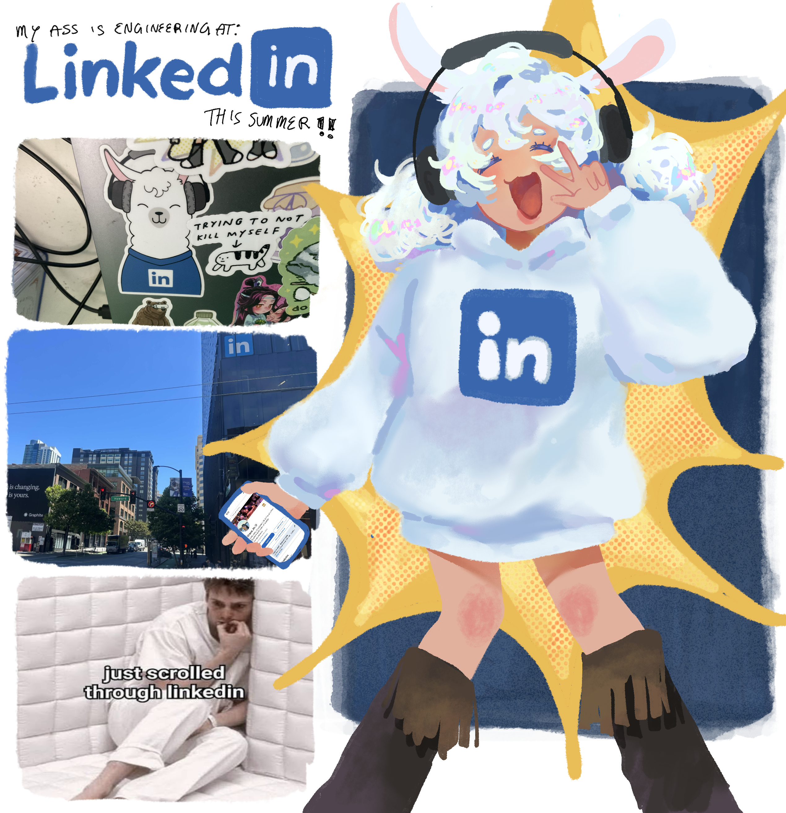 LinkedIn drawn as an anime girl in a LinkedIn hoodie and headphones