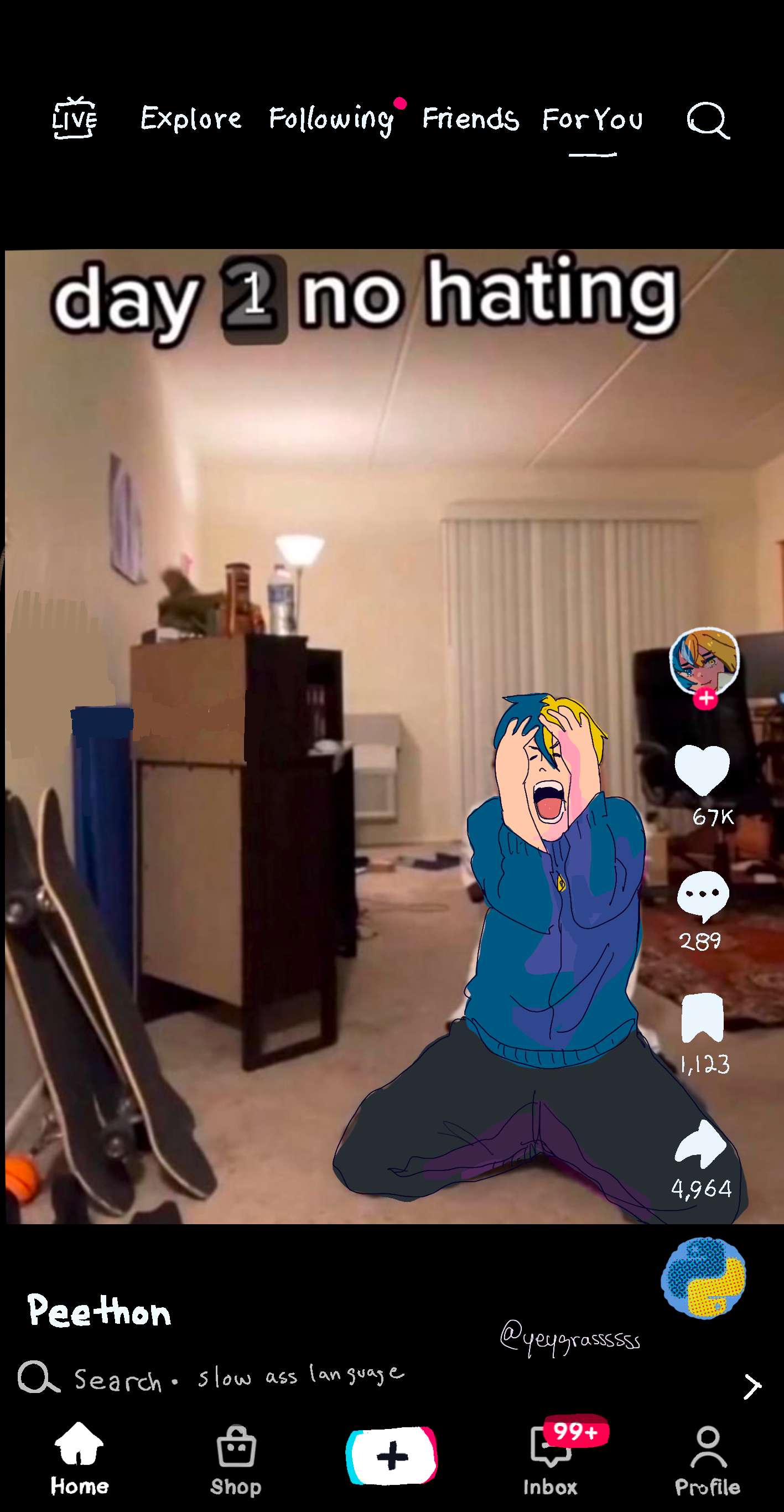 Mock TikTok screenshot with Python drawn as a crying character