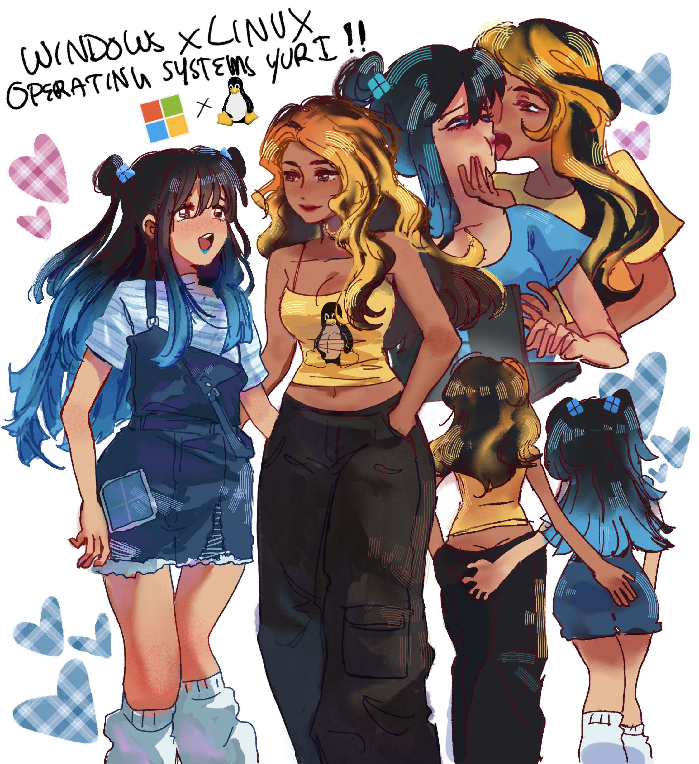 Windows and Linux drawn as two girls