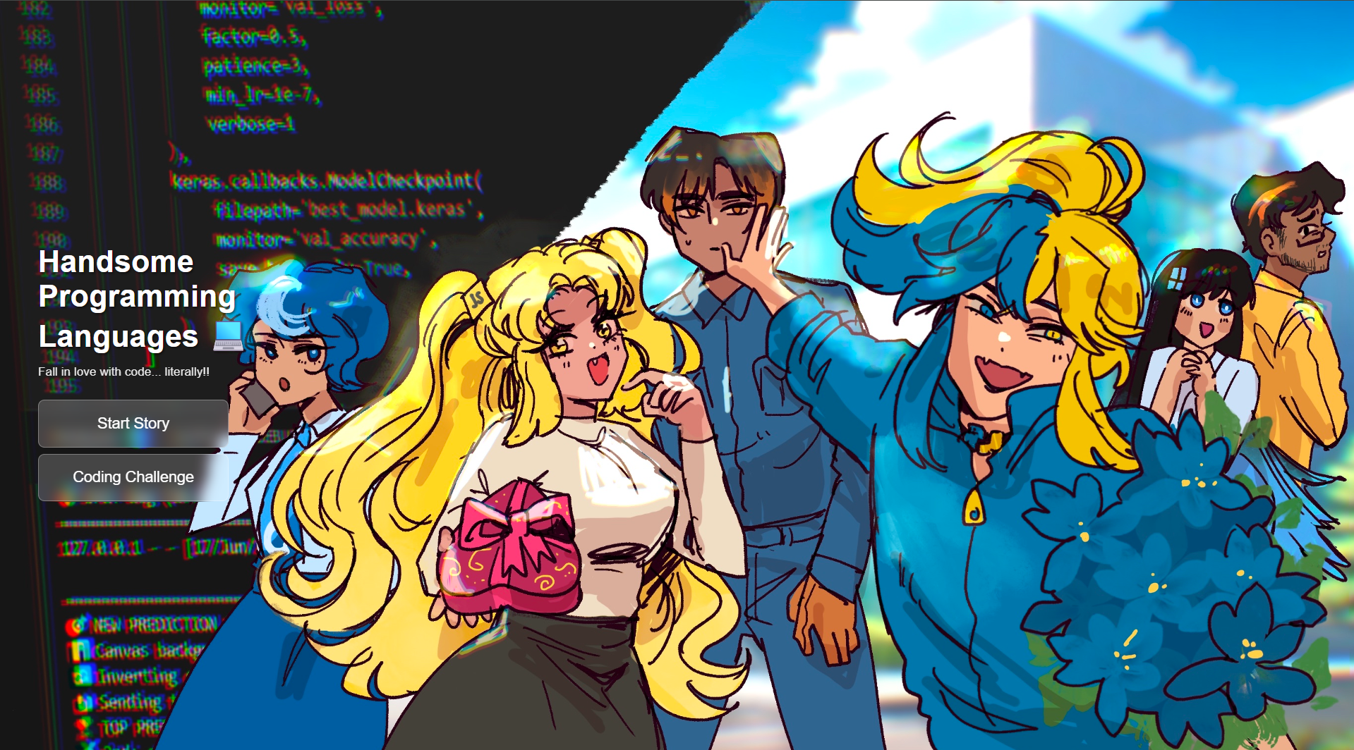 Preview of the Handsome Programming Languages visual novel prototype