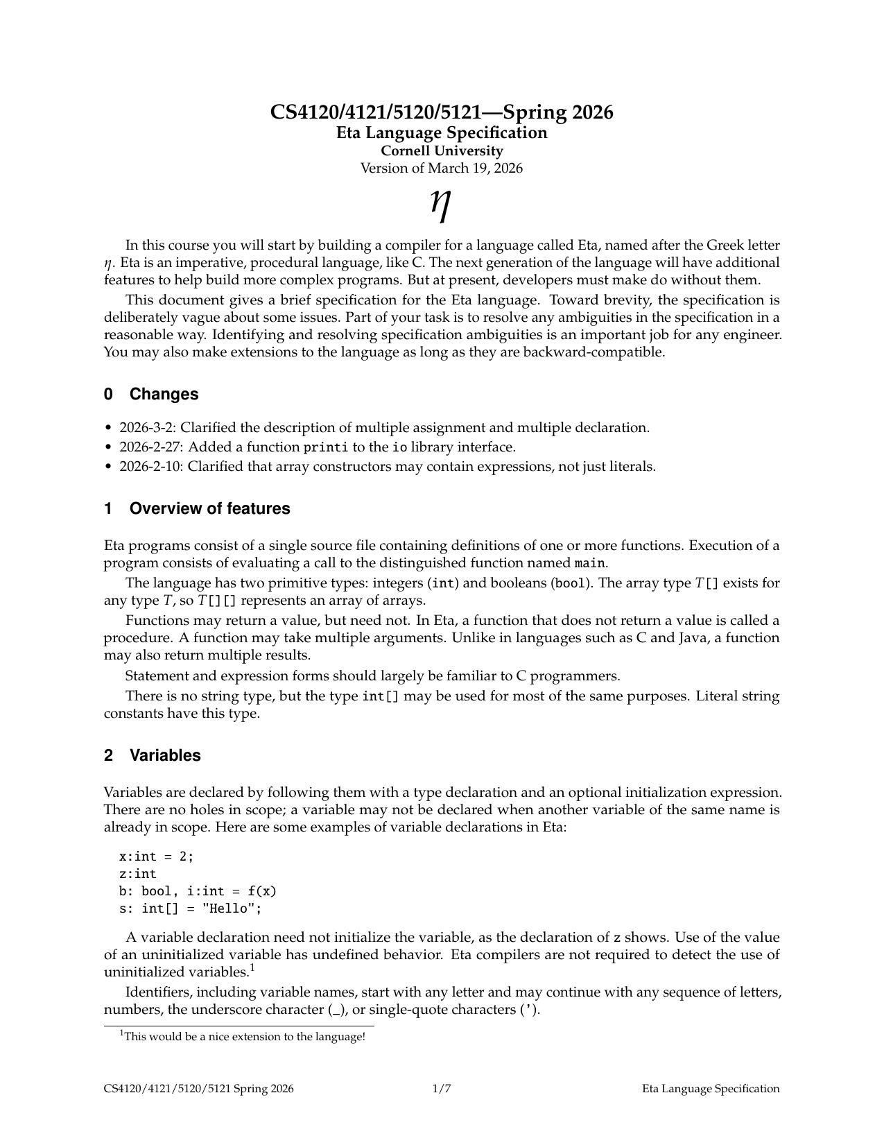 Eta Language Specification, page 1 of 7